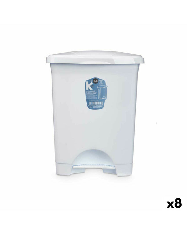 Set of 8 white plastic 10L pedal trash bins for home use, designed for kitchen and storage organization by BigBuy Home.
