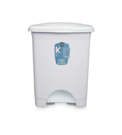 Set of four white plastic 30L pedal waste bins from BigBuy Home, ideal for kitchen and household organization.