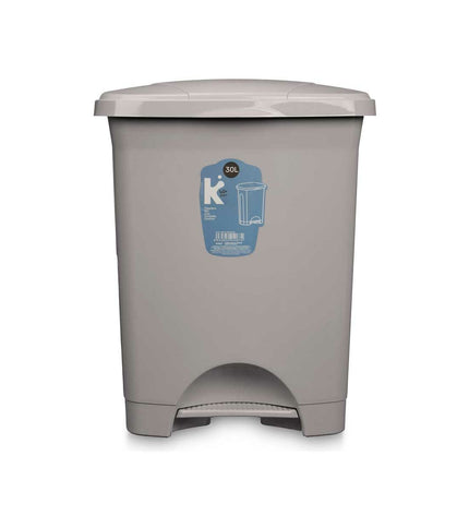 Set of four gray plastic pedal bins, 30L capacity each, used for household kitchen storage and waste organization.
