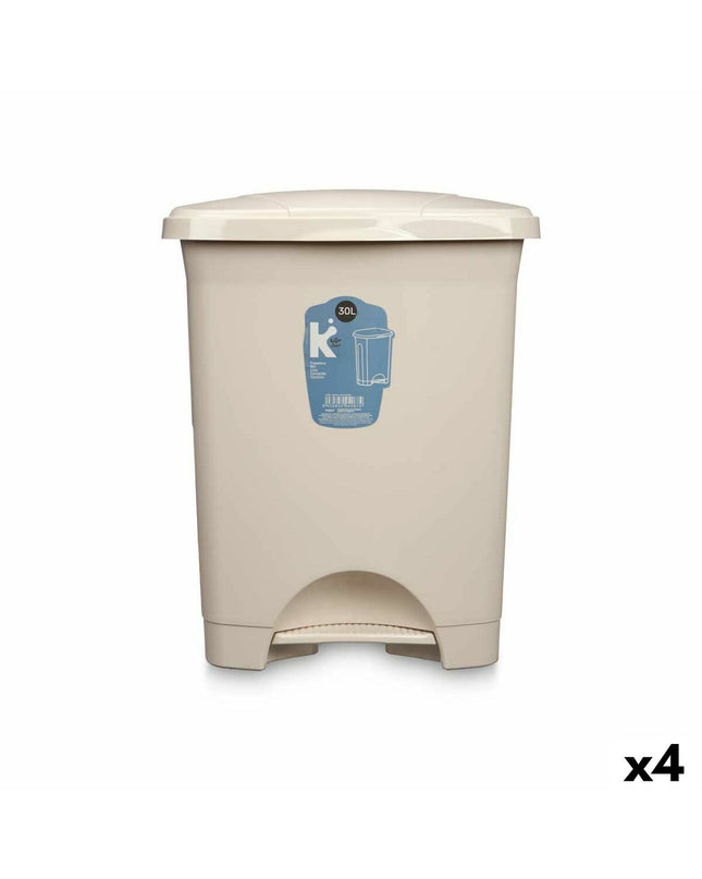 Set of four beige plastic 30L pedal trash bins by BigBuy Home, suitable for home storage and kitchen organization.