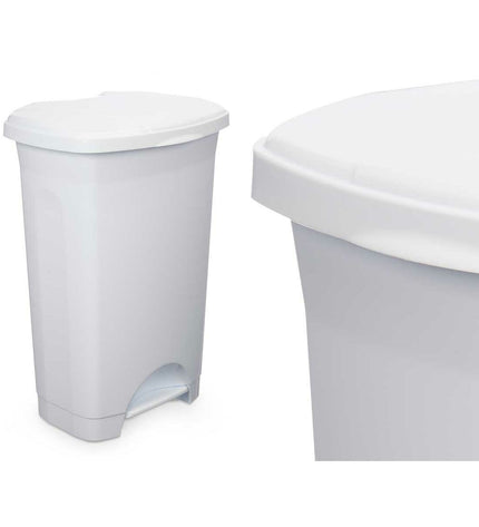 Three white plastic 50L pedal bin trash cans from BigBuy Home for household storage and kitchen organization.