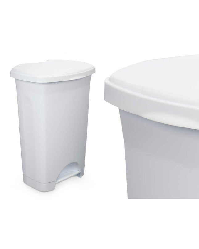 Three white plastic 50L pedal bin trash cans from BigBuy Home for household storage and kitchen organization.