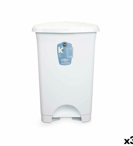 Three white plastic 50L kitchen trash bins from BigBuy Home, ideal for home storage and organization.