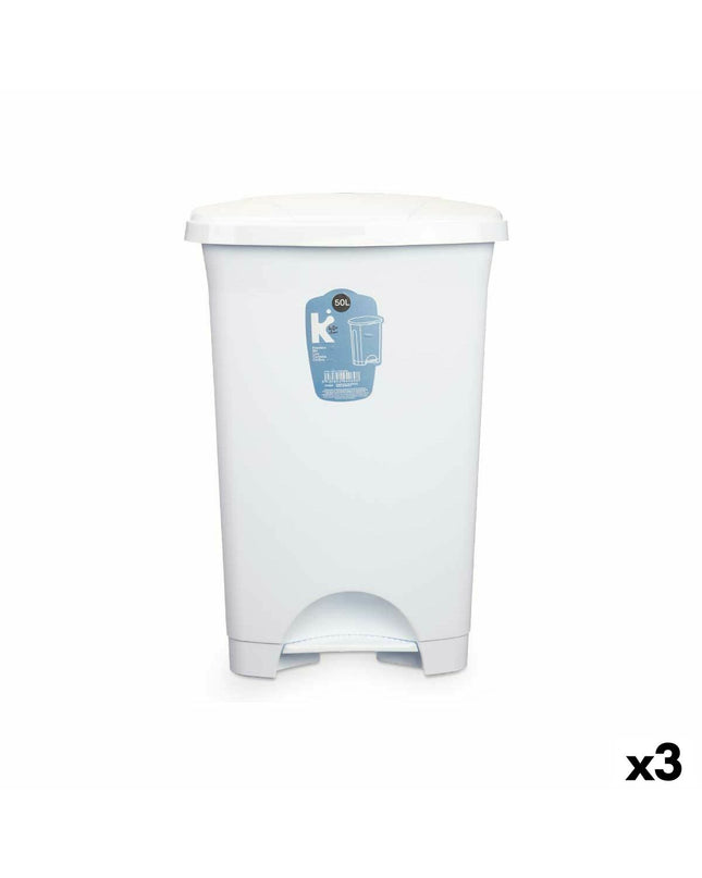 Three white plastic 50L kitchen trash bins from BigBuy Home, ideal for home storage and organization.