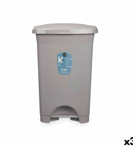 Set of three gray plastic 50L pedal bins from BigBuy Home for household kitchen storage and organization.