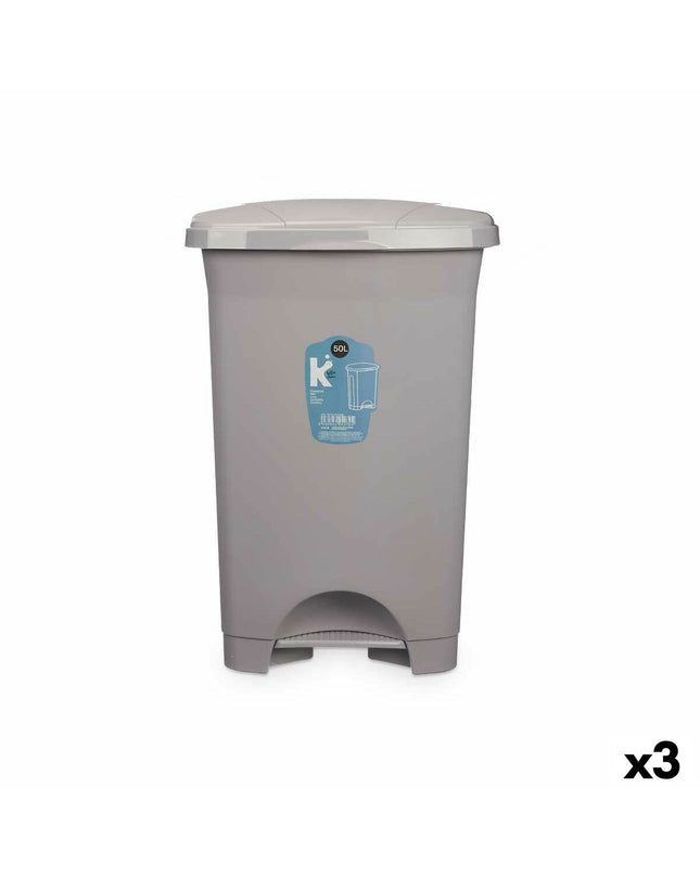 Set of three gray plastic 50L pedal bins from BigBuy Home for household kitchen storage and organization.