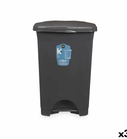 Set of three 50L Antraciet plastic pedal trash cans from BigBuy Home for home storage and organization.