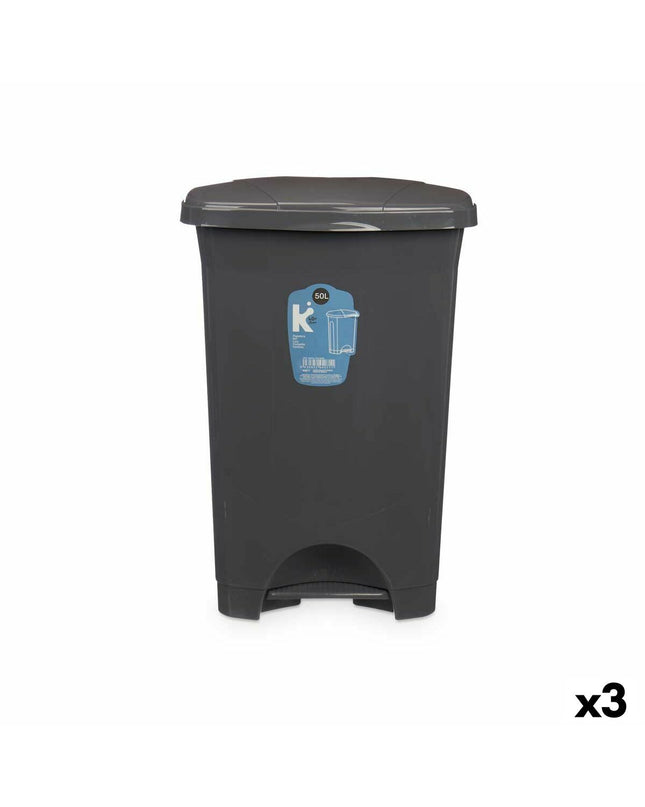 Set of three 50L Antraciet plastic pedal trash cans from BigBuy Home for home storage and organization.