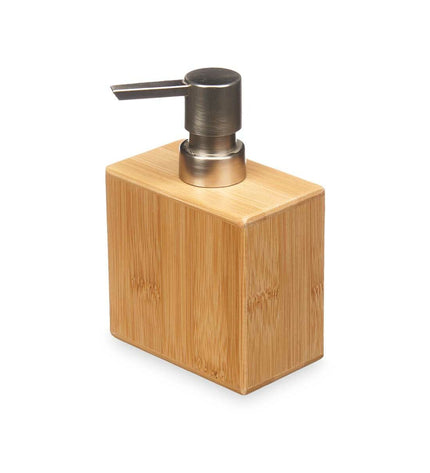 Berilo zilverkleurige zeepdispenser set met bamboe accents for huis en koken, badkamer, 9.7x15x5.8 cm, 12 stuks