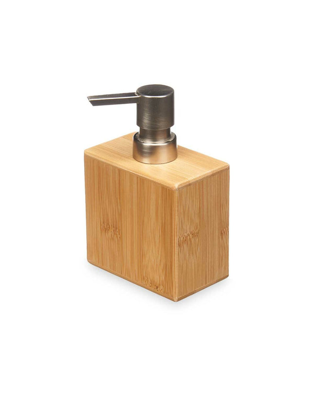 Berilo zilverkleurige zeepdispenser set met bamboe accents for huis en koken, badkamer, 9.7x15x5.8 cm, 12 stuks