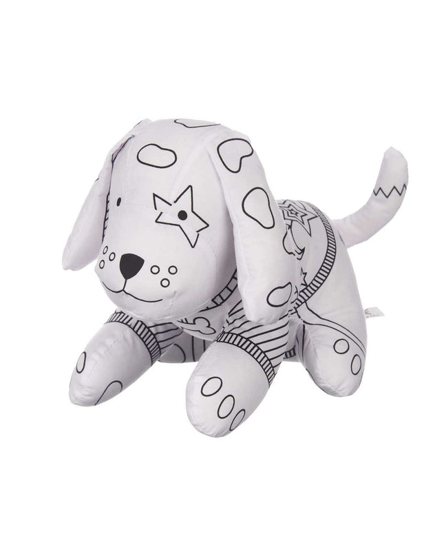 Set of 8 Pincello soft coloring plush dog toys in white and black, for children to color and play with.