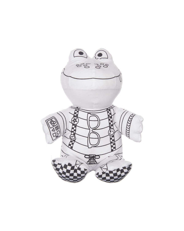 Set of 8 Pincello soft coloring plush toys featuring cute white and black frog characters for children.
