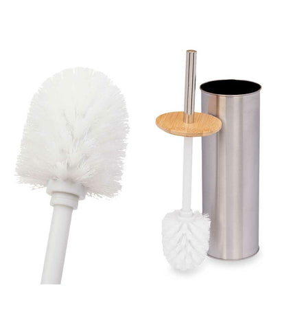 Set of six Berilo bamboo and stainless steel toilet brushes with silver finish, measuring 9.5 x 27.5 x 9.5 cm, for bathroom cleaning.
