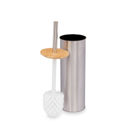 Six silver Berilo bamboo and stainless steel toilet brushes with holders, 9.5 x 27.5 x 9.5 cm, for bathroom cleaning.