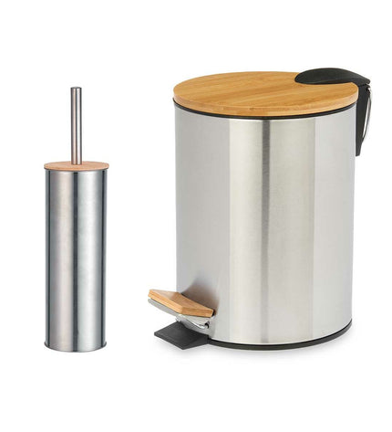 Berilo Badset in zilverkleurig bamboe en roestvrij staal, 6 stuks badaccessoires voor huis en koken, 25x28x20 cm en 28,5x28x18 cm