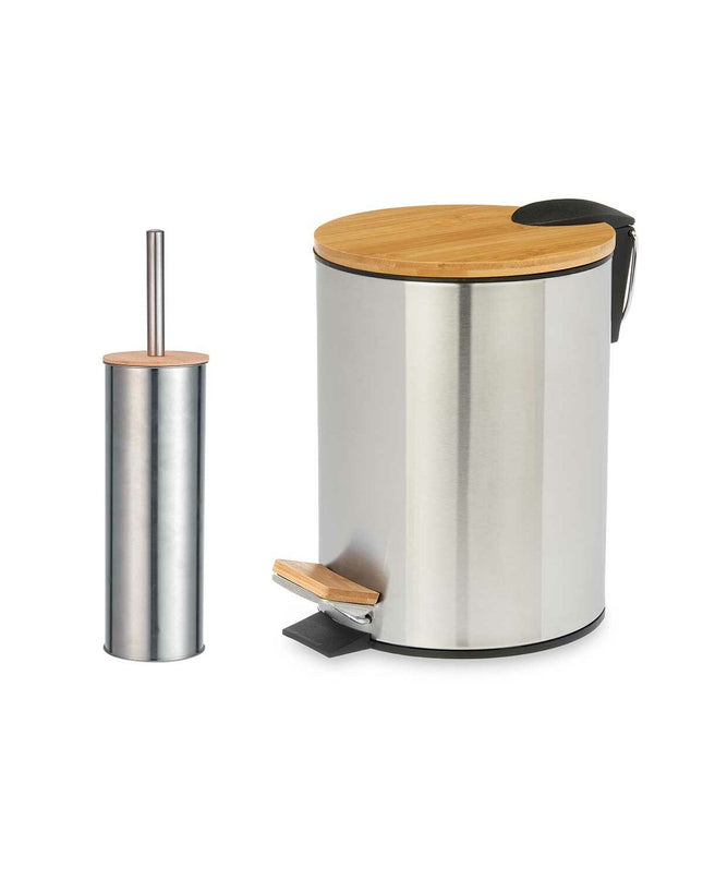 Berilo Badset in zilverkleurig bamboe en roestvrij staal, 6 stuks badaccessoires voor huis en koken, 25x28x20 cm en 28,5x28x18 cm