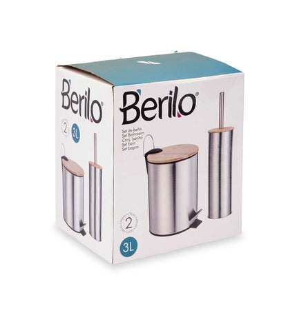 Berilo badset with two silver-colored bamboo and stainless steel containers, 25x28x20cm and 28.5x28x18cm, 6-piece set for home and bath.