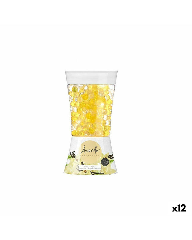 Acorde Vanille gel air freshener pack with 12 units, used for home decor and kitchen freshness, showing the gel containers and branding.