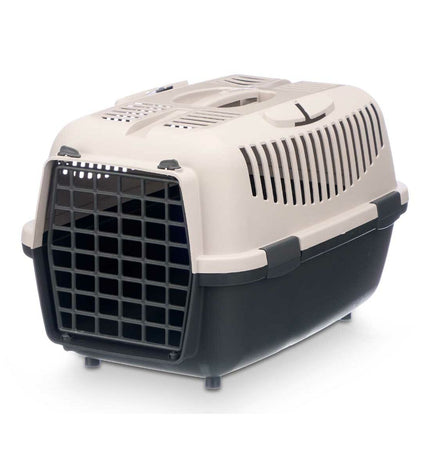 Set of six Mascow light gray plastic small animal carriers, each measuring 36x35x55 cm, suitable for small pets.