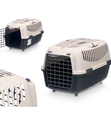 Set of six Mascow plastic small animal carrying baskets in light gray and anthracite, measuring 36x35x55 cm.