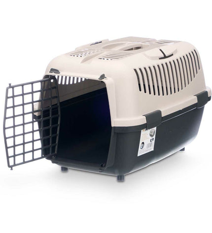Six Mascow light gray plastic animal carry baskets, 36x35x55 cm, designed for small pets, shown stacked for storage or transport.