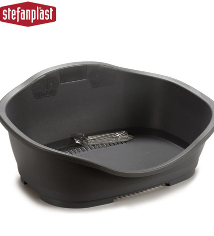 Set of six Stefanplast gray plastic pet beds for small animals, measuring 68 x 27.5 x 49 cm, with a sturdy rectangular design.