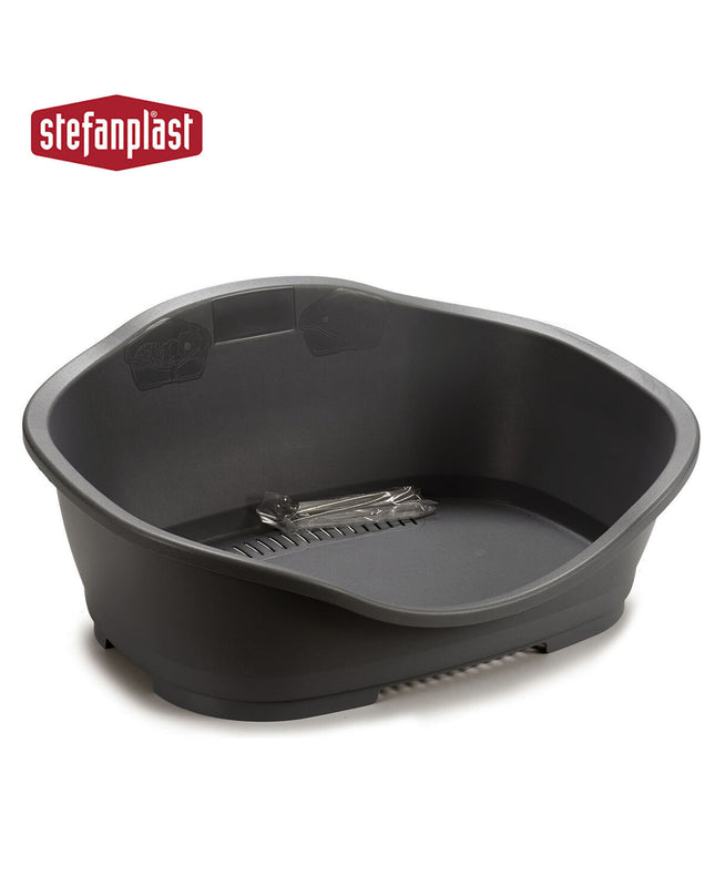 Set of six Stefanplast gray plastic pet beds for small animals, measuring 68 x 27.5 x 49 cm, with a sturdy rectangular design.