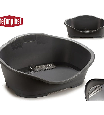 Six Stefanplast gray plastic small animal beds, 68x27.5x49 cm, stacked with open front design for pets.