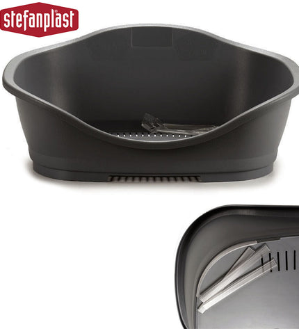 Six Stefanplast gray plastic pet beds for small animals, measuring 68 x 27.5 x 49 cm, stacked in the image.