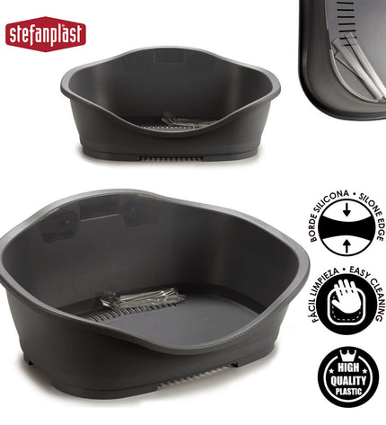 Set of six Stefanplast gray plastic small animal beds, each measuring 68 x 27.5 x 49 cm, suitable for pets.