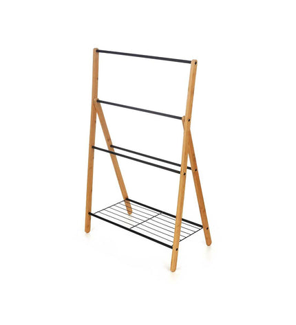 Kipit black metal and bamboo standing towel rack with four tiers, 60x90x37 cm, ideal for bathroom organization.