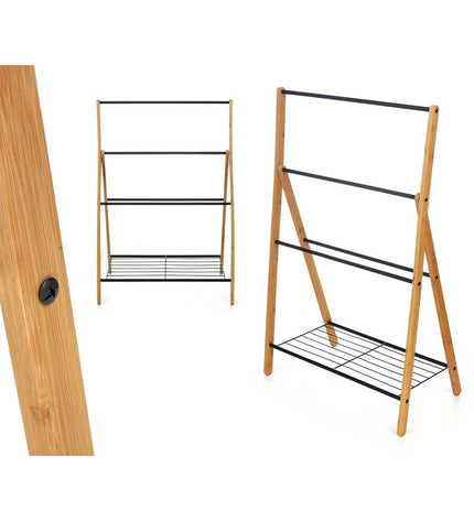 Kipit zwart metalen handdoekenrek with bamboe accents, 60x90 cm, 4-pack, suitable for bathroom and kitchen use.