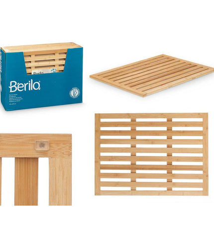 Set of 12 Berilo bamboo bath mats, 62x45 cm, natural finish, designed for bathroom use, made from sustainable bamboo.