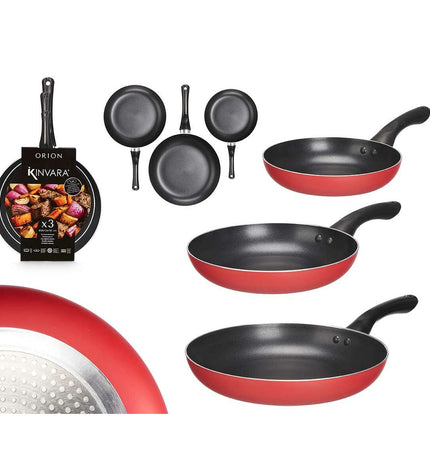 Set of six Kinvara aluminium cookware pans in black and red with Bakelite handles, various sizes for house and kitchen use.