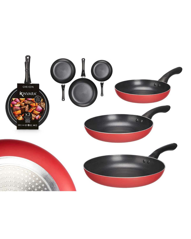 Set of six Kinvara aluminium cookware pans in black and red with Bakelite handles, various sizes for house and kitchen use.