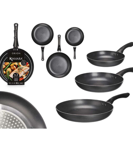 Set of six Kinvara black aluminium cookware pans with bakelite handles, various sizes for kitchen and cooking use.