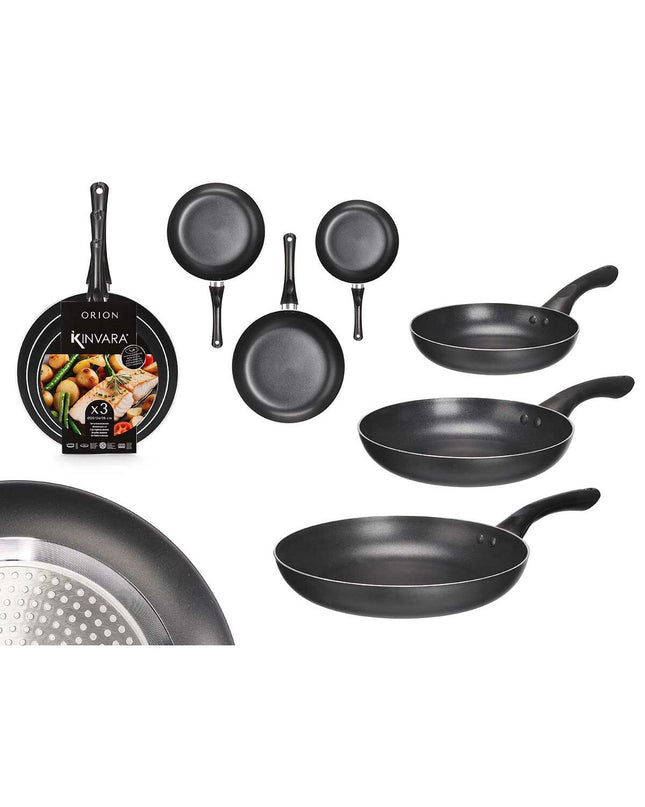 Set of six Kinvara black aluminium cookware pans with bakelite handles, various sizes for kitchen and cooking use.