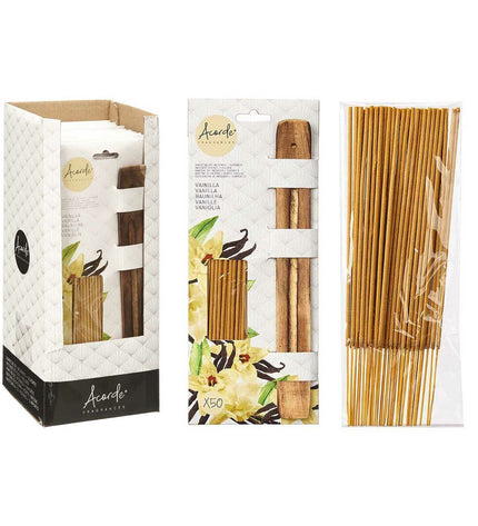 Set van 12 Acorde Vanille wierookstokken, huis- en kookdecoratie, met zachte vanillegeur, in een kleurrijk doosje.