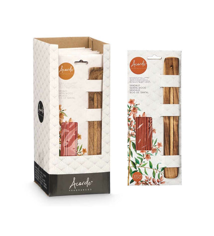 Aset of 12 Acorde Sandelhout incense sticks in a decorative box for home and cooking ambiance.