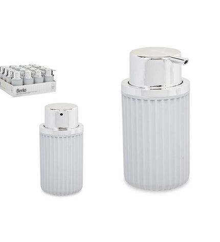Set of 16 Berilo plastic gray soap dispensers for bathroom and kitchen, 450 ml capacity, shown with multiple units stacked.