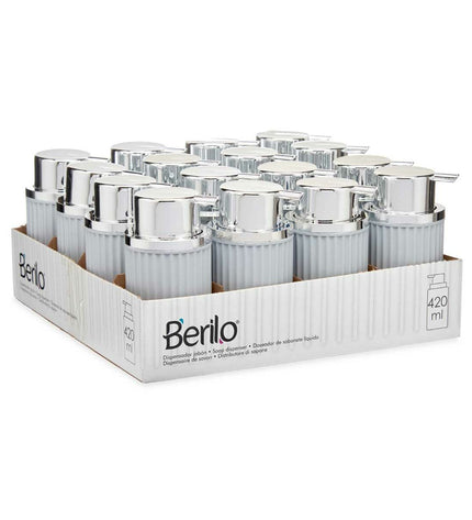 Set of 16 Berilo gray plastic soap dispensers, 450 ml, for bathroom and kitchen use, with dimensions 7x14.5x8.5 cm.