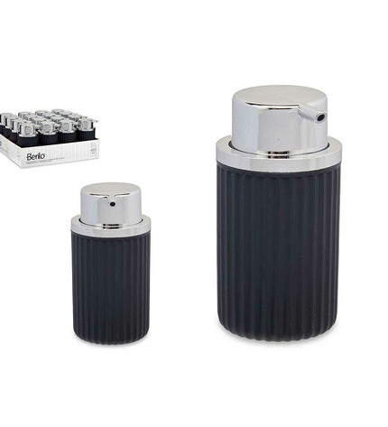 Berilo plastic soap dispenser in anthracite color, 420 ml capacity, shown in a bathroom setting with 16 units.