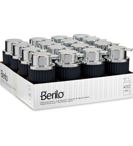 Berilo antraciet plastic zeepdispenser for bathroom or kitchen, 420 ml, set of 16, with dimensions 7x14.5x8.5 cm.