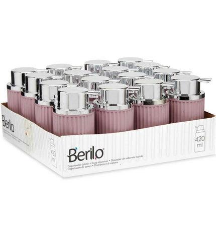Berilo Roze plastic zeepdispenser for bathroom, 420 ml capacity, shown in a set of 16, with dimensions 7x14.5x8.5 cm