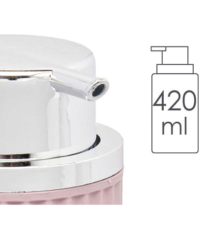 Set of 16 Berilo pink plastic soap dispensers, 420 ml, with 7x14.5x8.5 cm dimensions, for bathroom and kitchen use.