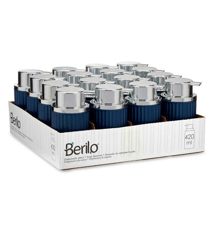 Berilo blauwe plastic zeepdispenser voor huis en bad, 420 ml, 7x14.5x8.5 cm, set van 16 stuks