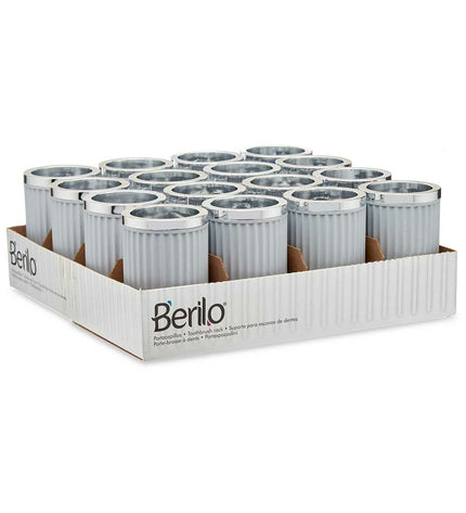 Set of 16 Berilo grey plastic glass containers for bathroom and kitchen, measuring 7.5 x 11.5 x 7.5 cm, shown in the image.