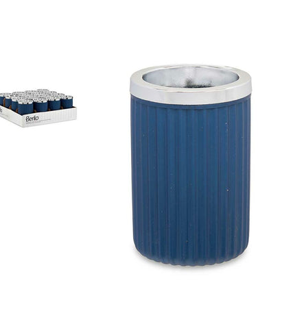 Set of 16 blue plastic glass containers for home and bath, measuring 7.5 x 11.5 x 7.5 cm, by Berilo.