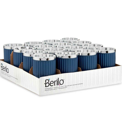 Set of 16 blue plastic Glas Berilo containers for home, kitchen, and bathroom, measuring 7.5 x 11.5 x 7.5 cm each.