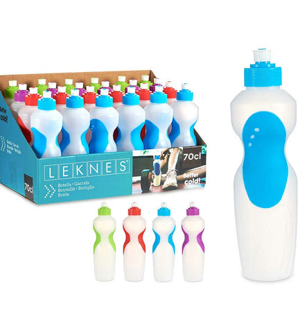 Set of 24 Leknes 700ml polyethylene water bottles, ideal for outdoor activities, camping, and hiking.
